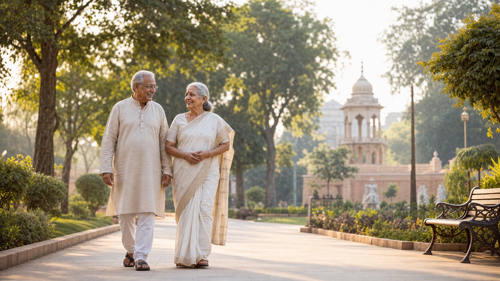 Happy Indian senior couple walking on a safe landscaped community path in Vrindavan