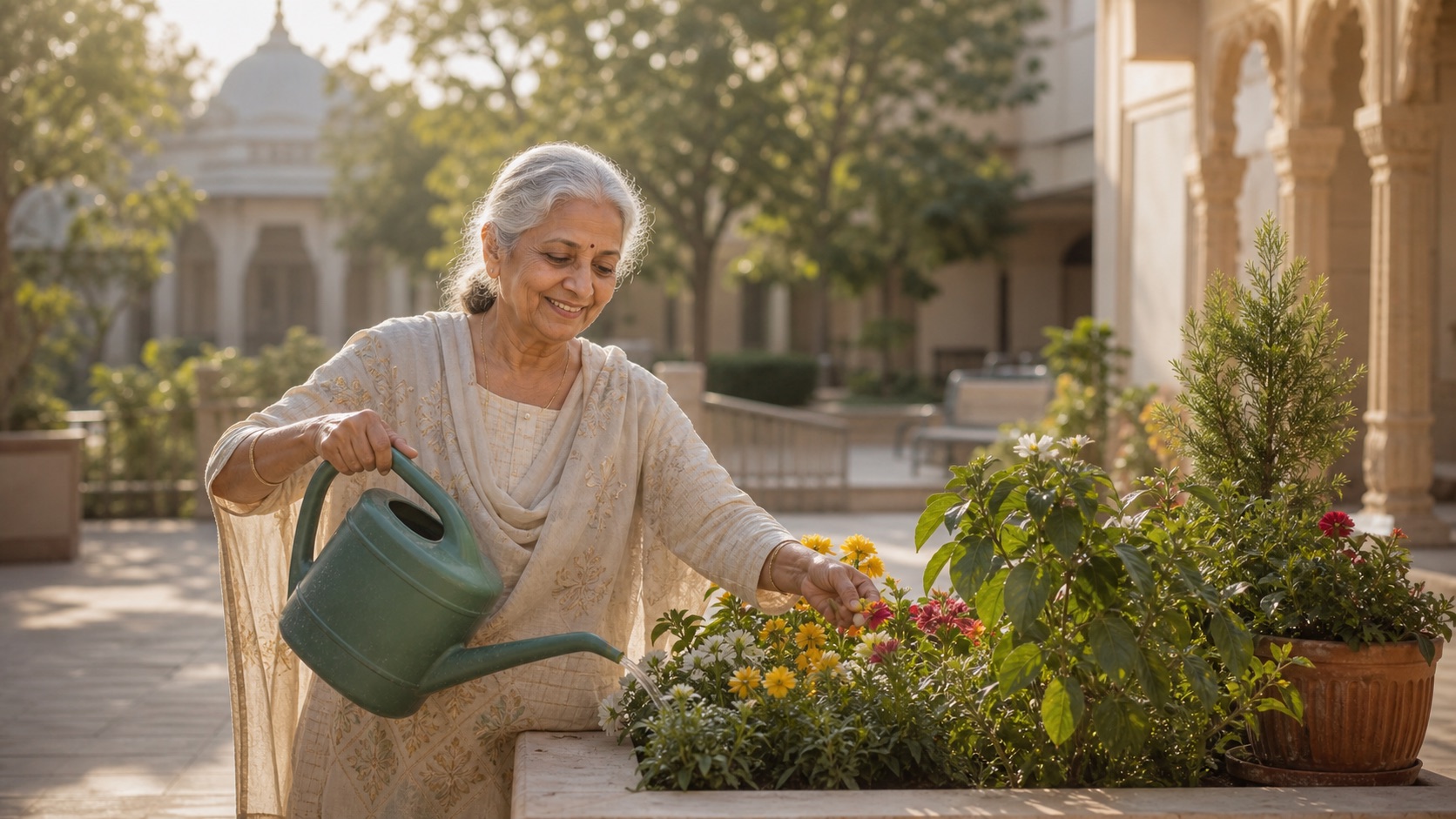 Happy Indian senior woman gardening in a safe community courtyard