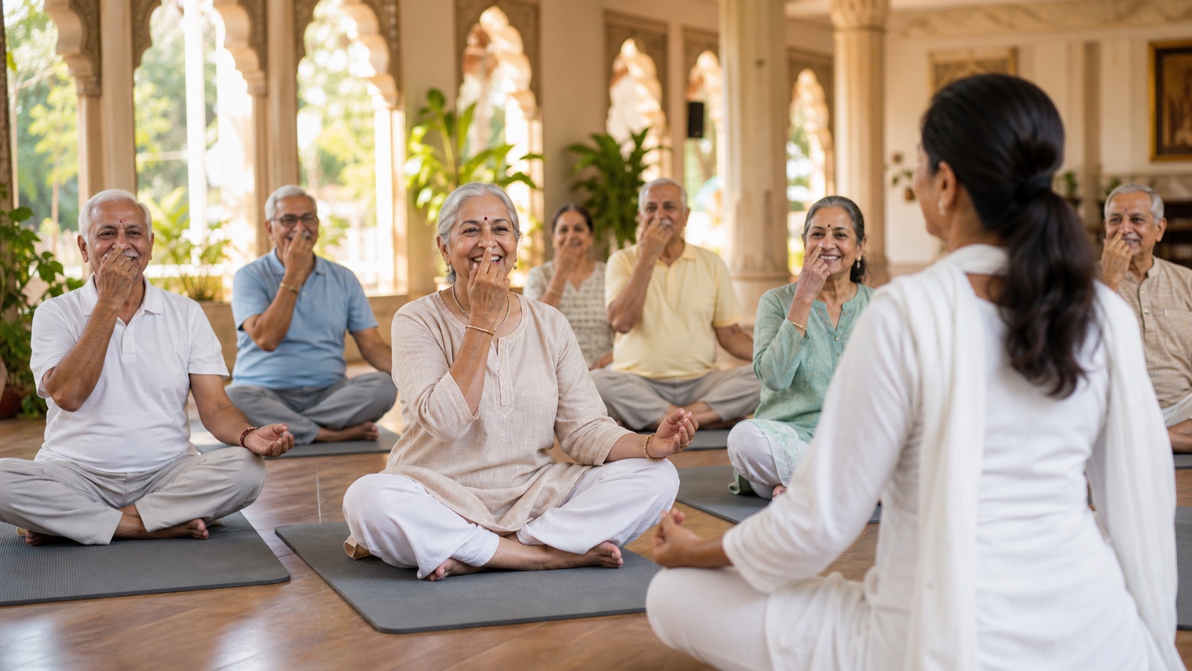 Happy Indian older adults doing gentle yoga and breathing practice together