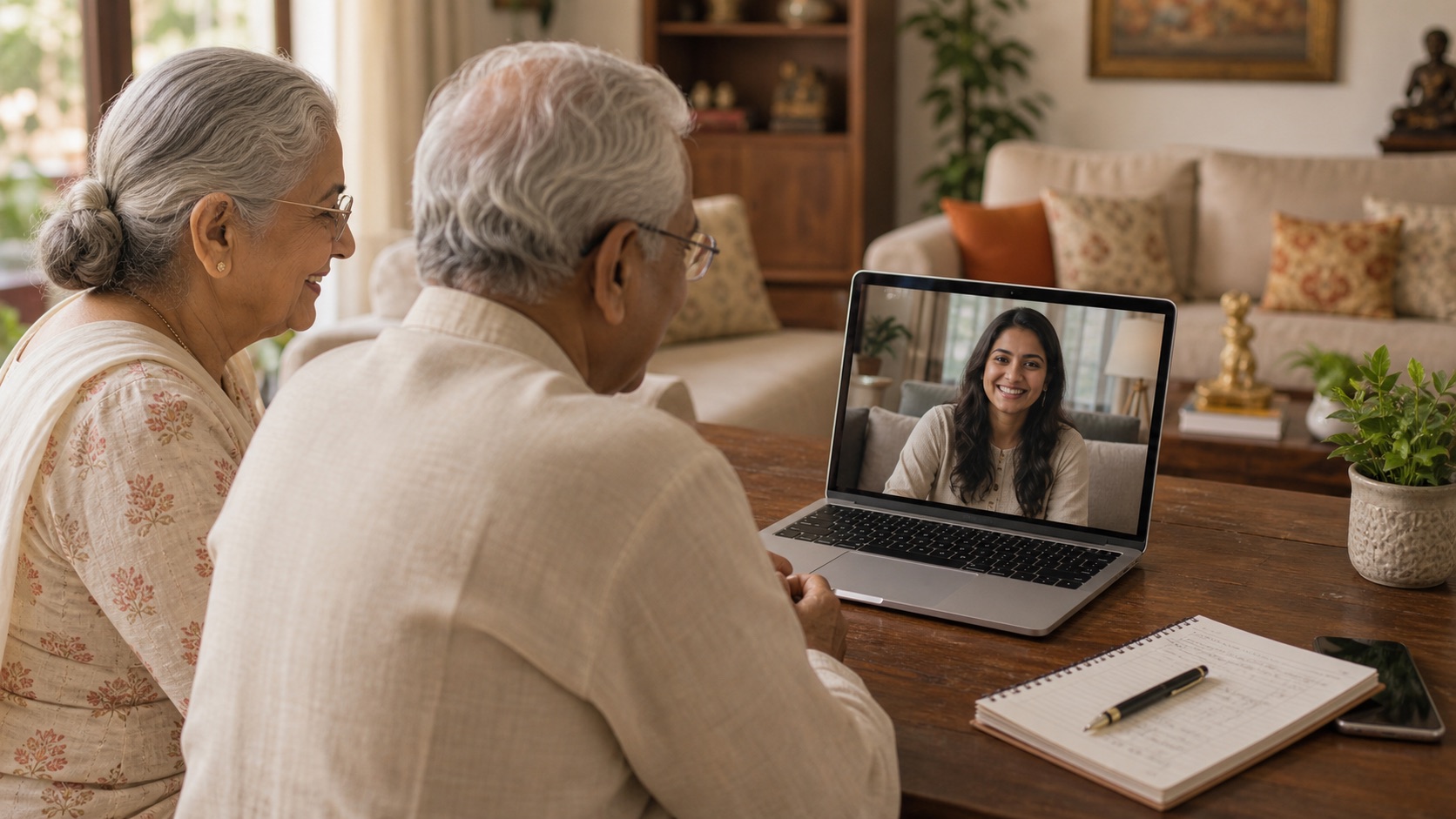 Indian NRI daughter on a video call with smiling ageing parents and a care checklist notebook