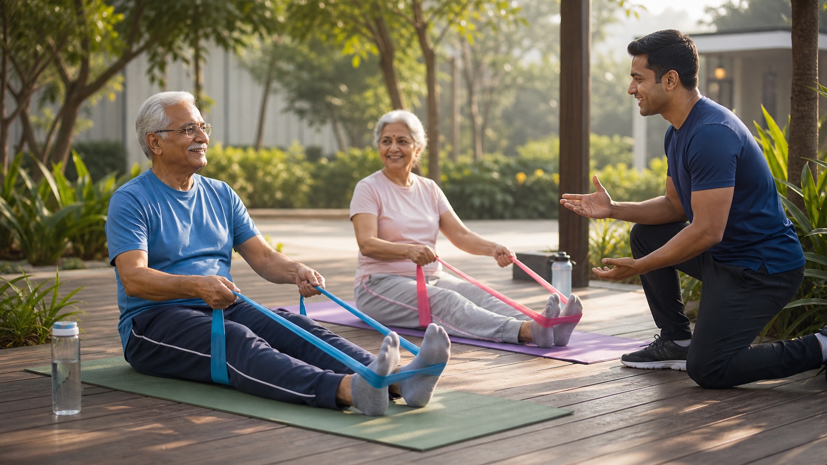 Happy Indian seniors doing resistance band exercises with a trainer