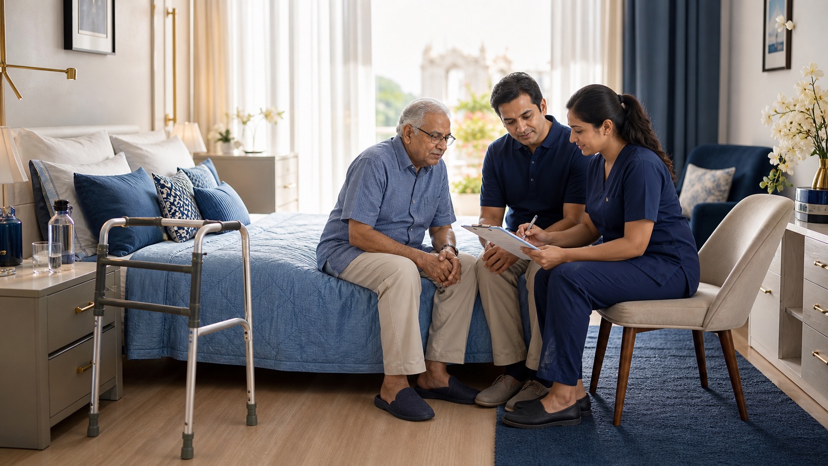Indian older adult, family member, and nurse reviewing a recovery checklist in a blue senior-friendly apartment