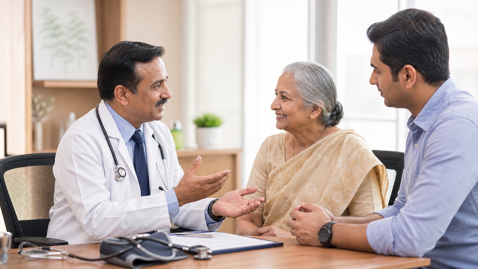 Indian family speaking with a care professional about elder support