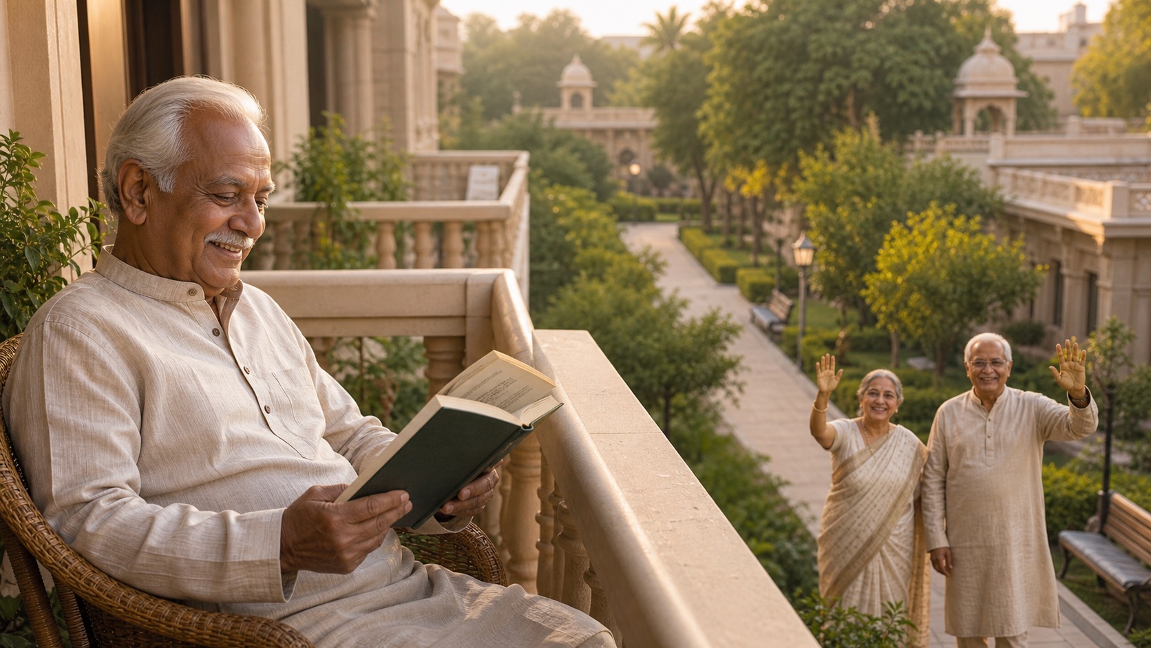 Indian elderly man reading calmly while neighbors are visible in a senior community garden