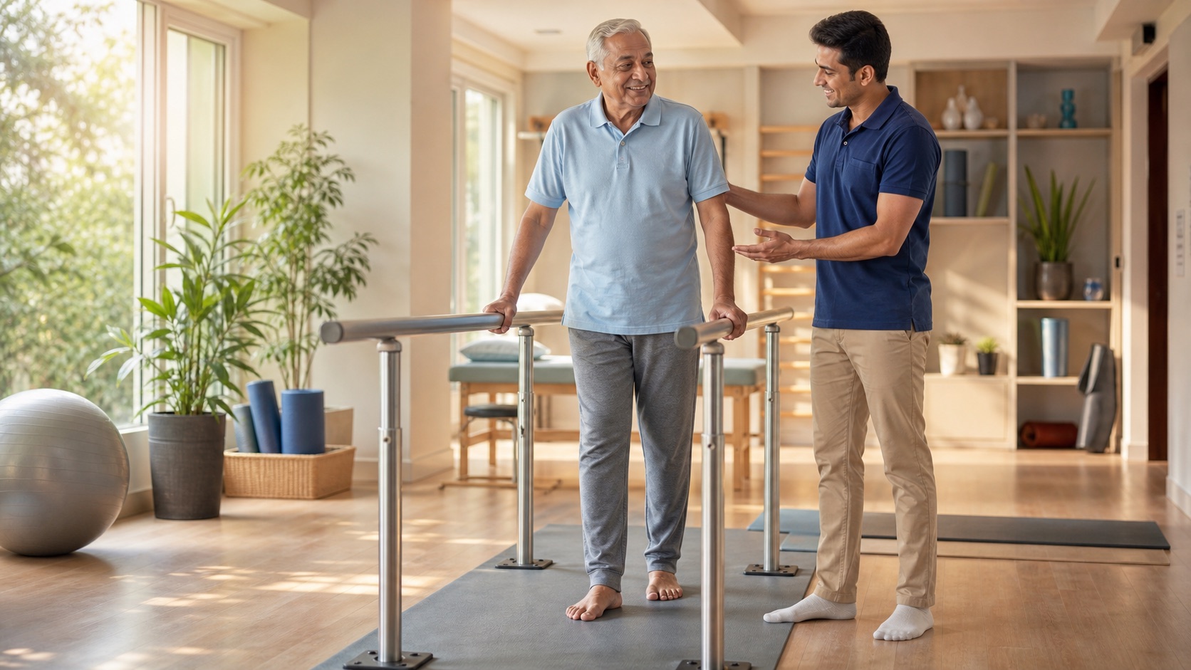 Indian senior man practicing balance exercise with a physiotherapist