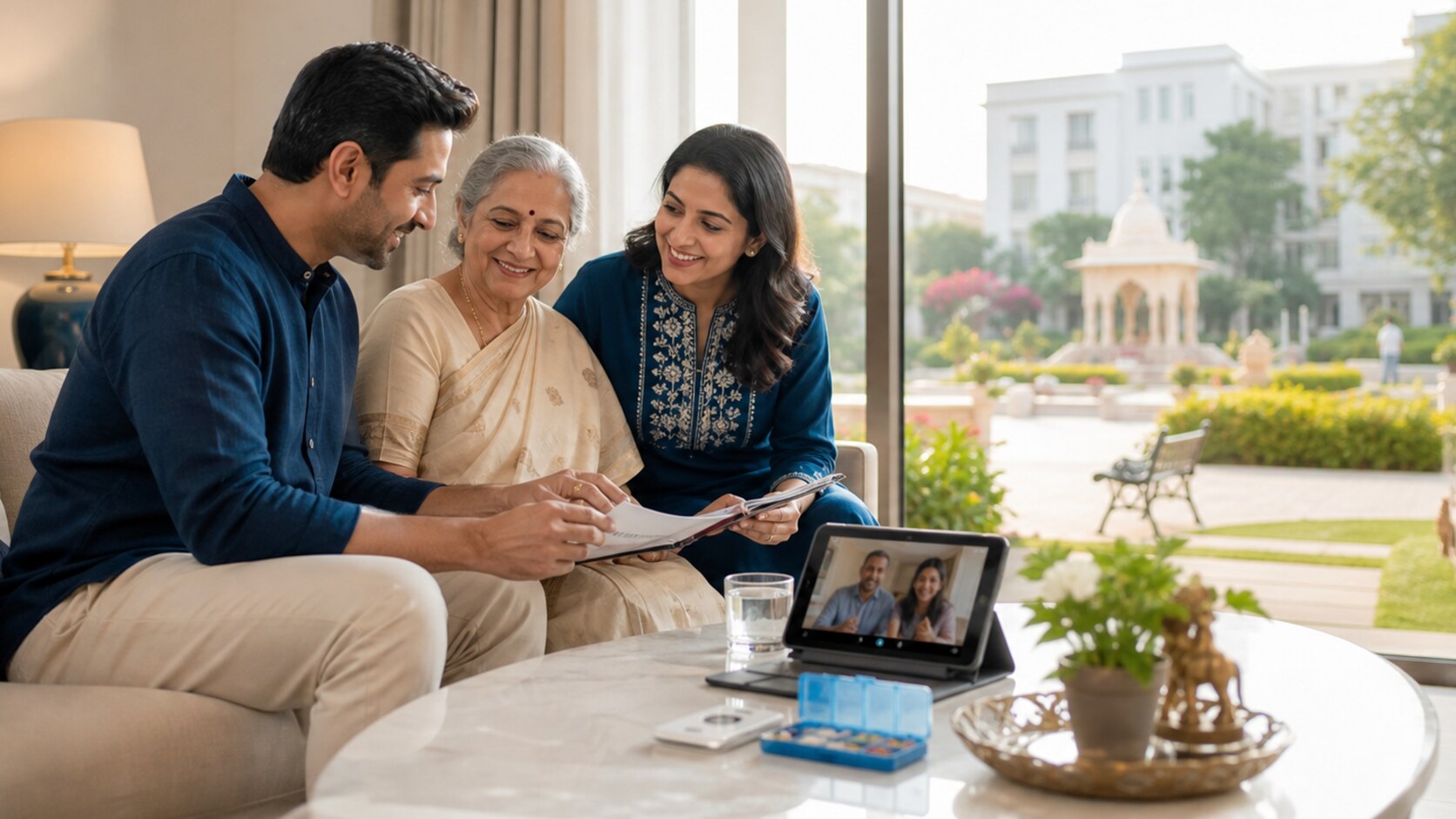 Indian family reviewing an elder care notebook with an ageing mother in a senior-friendly Krishna Bhumi apartment