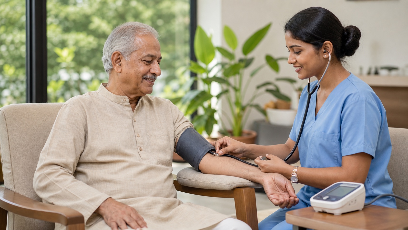 Indian senior man during a blood pressure and medicine review appointment