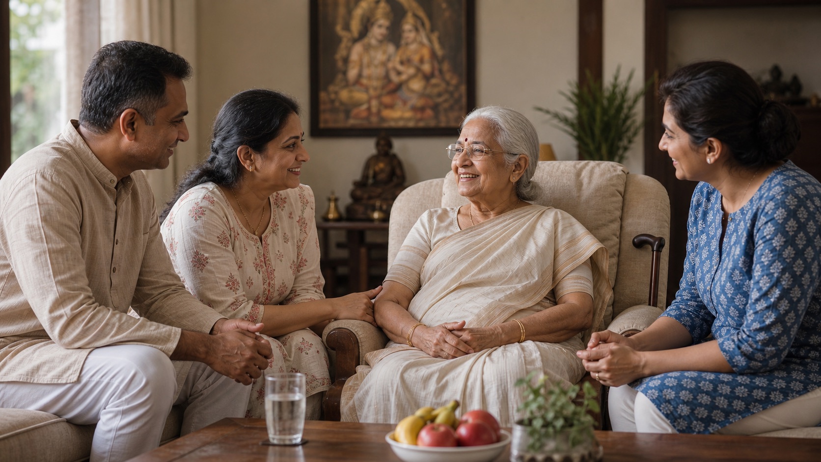 Indian family using a calm daily routine notebook with an elderly grandmother
