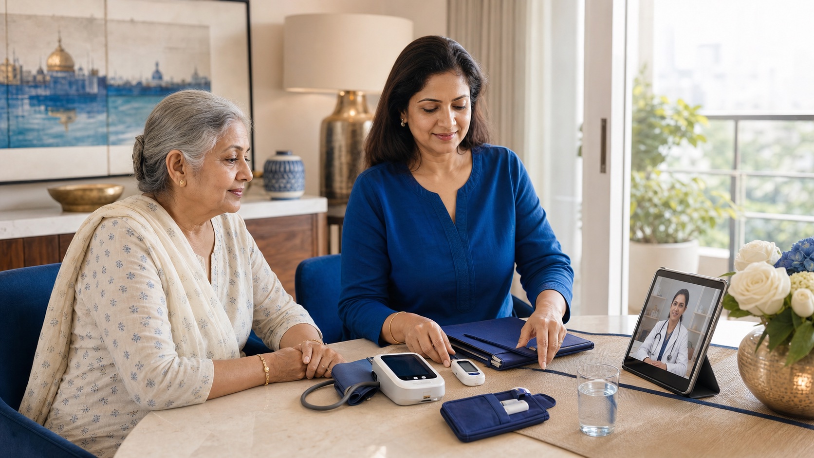 Indian family using a blood pressure monitor and health folder with an older mother at home
