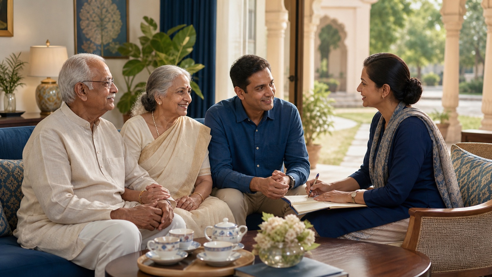 Indian older couple and adult child discussing health planning with a care coordinator in a blue-accented lounge