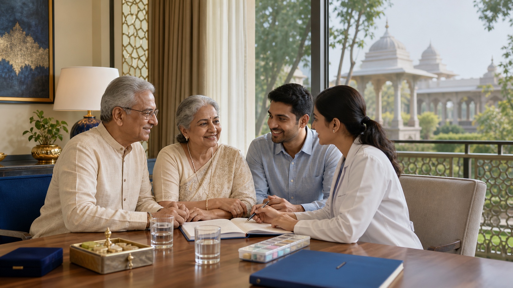 Indian doctor reviewing a medicine organizer and health notebook with an older couple