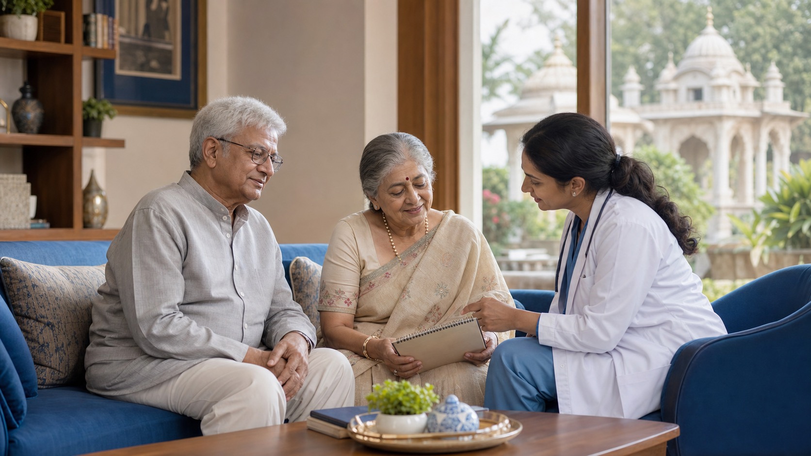 Indian older couple and memory care doctor discussing cognitive health in a senior living lounge