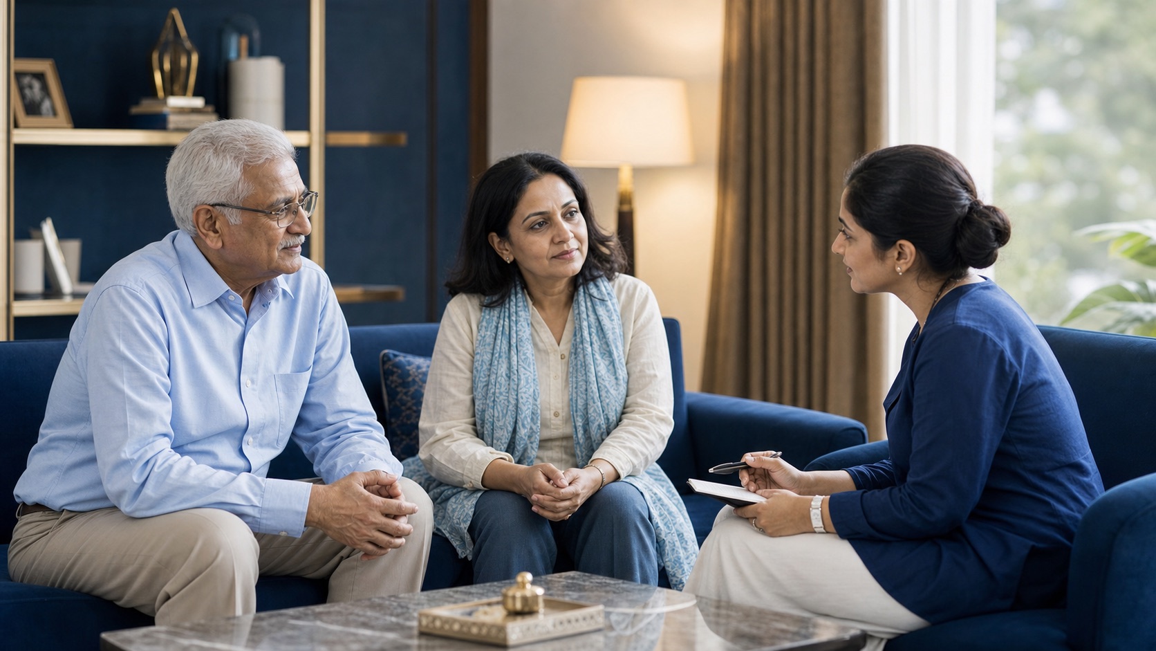 Older Indian parent, adult child, and counsellor discussing mood in a blue senior wellness lounge