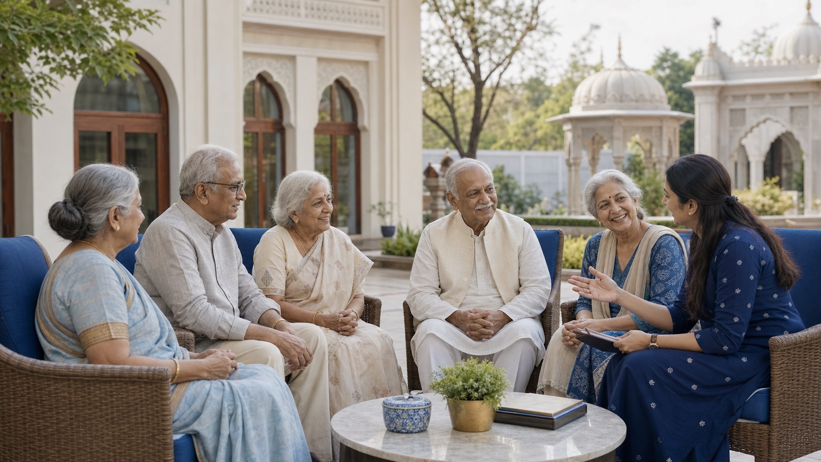 Indian seniors in a premium blue courtyard having a guided community conversation