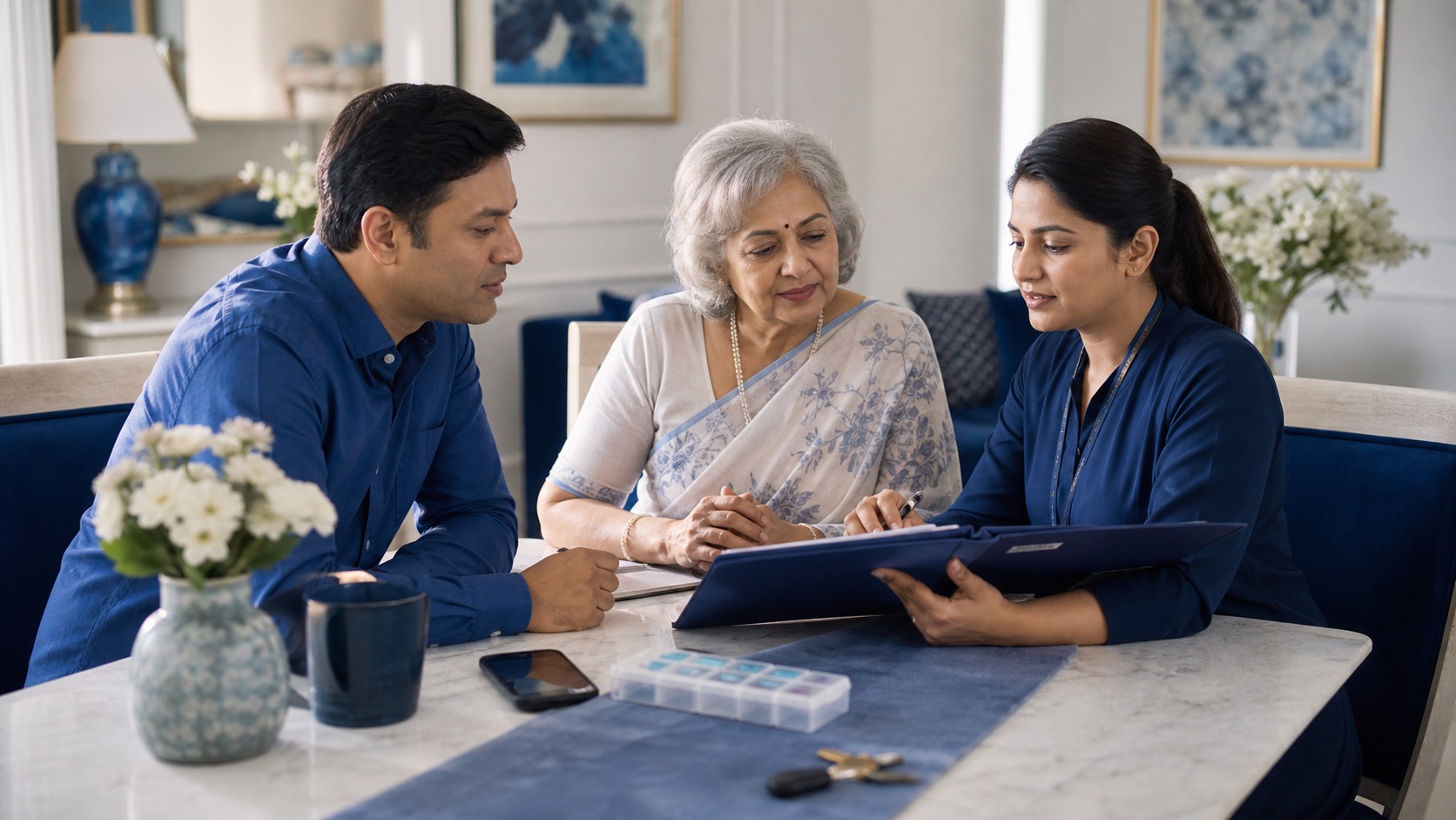 Indian family reviewing an emergency plan with an older parent in a blue senior-friendly apartment