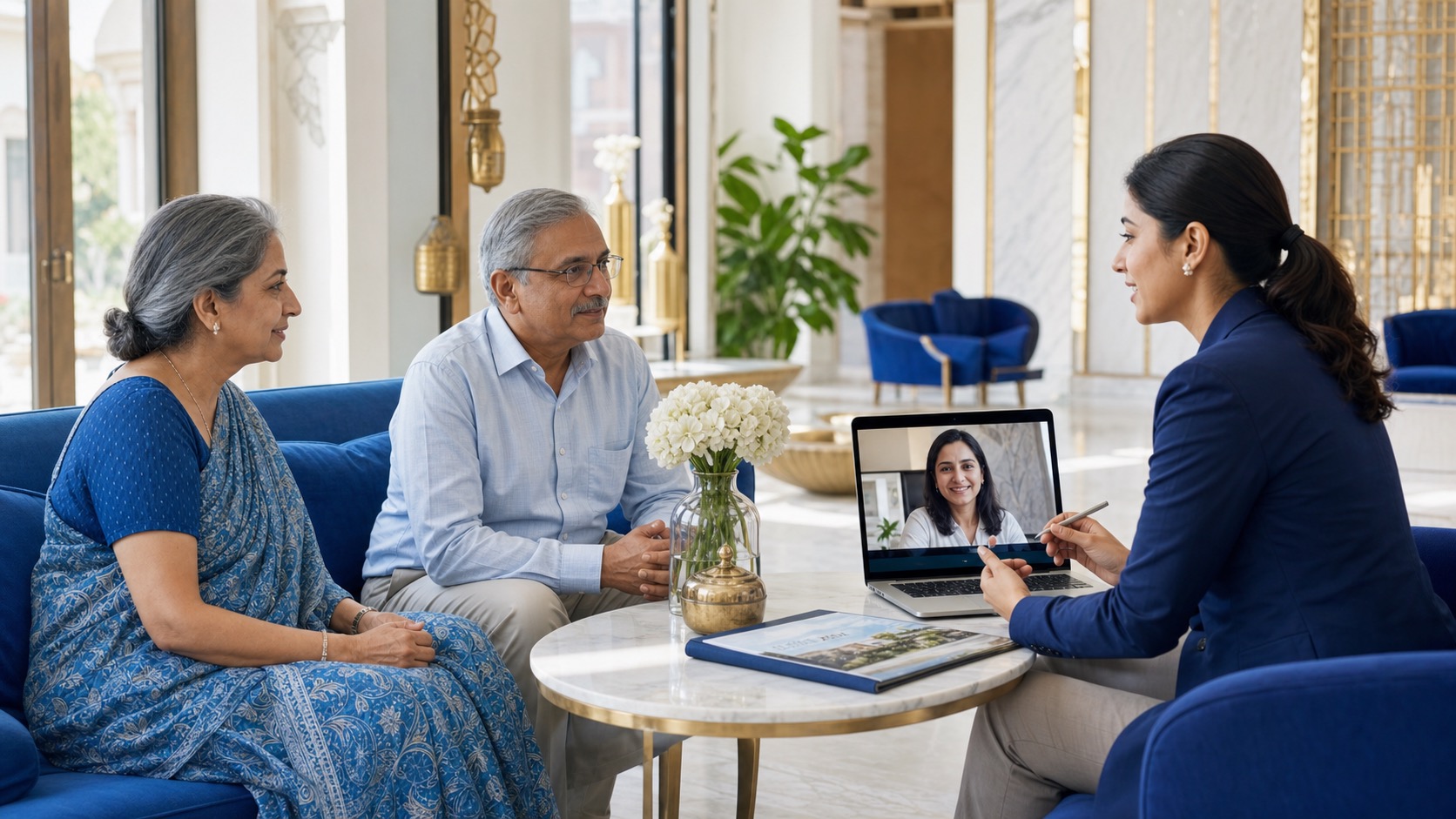 Indian senior couple consulting a senior living advisor while their NRI daughter joins by video call