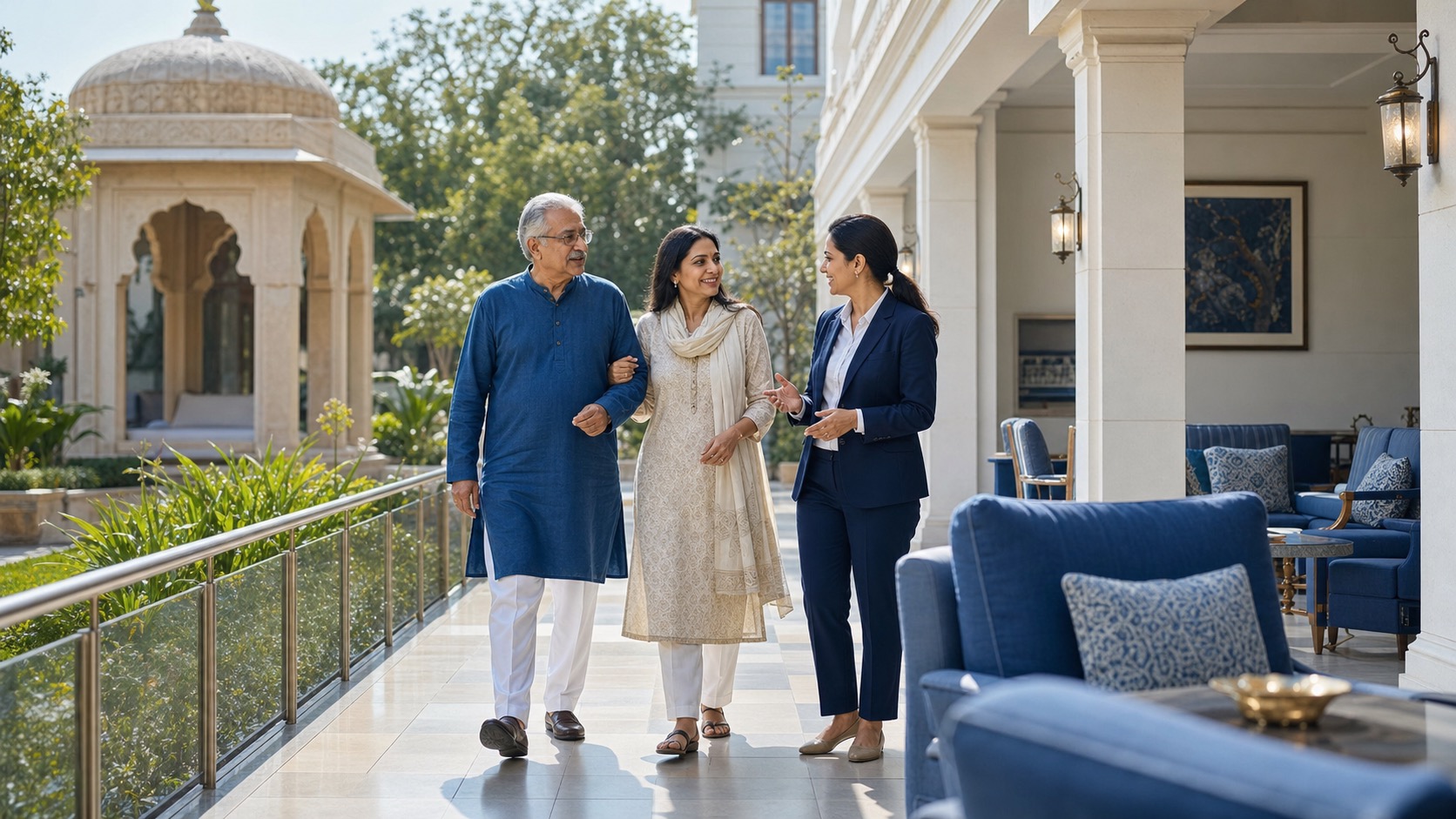 Indian family touring a luxury senior living community with blue seating and shaded walkways