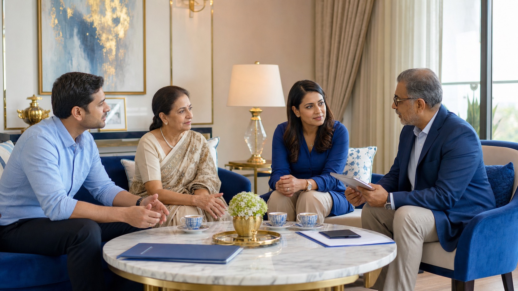 Indian siblings and an ageing parent discussing care responsibilities with a senior care advisor