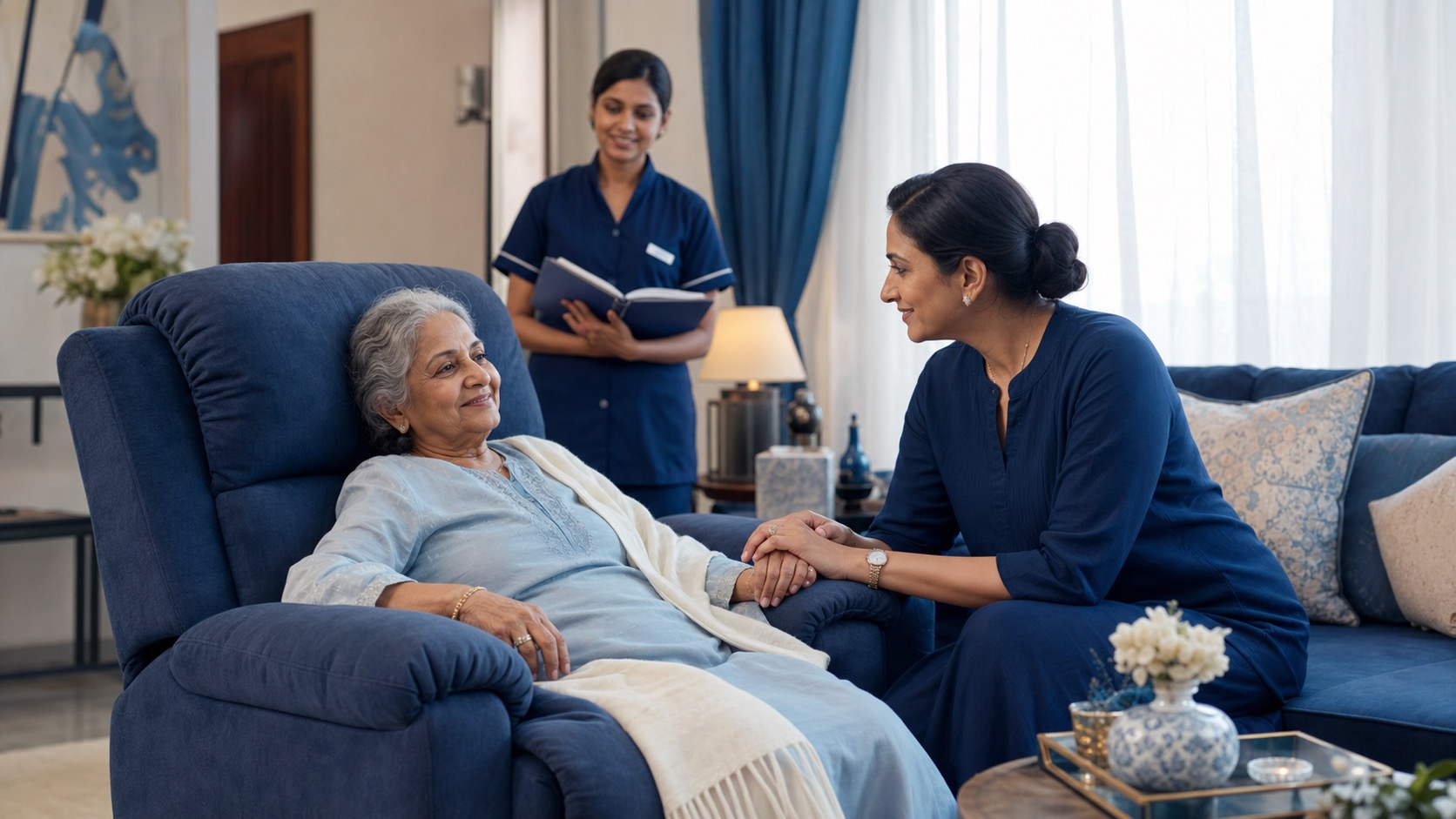 Elderly Indian mother resting in a blue recliner while her daughter and a care companion support her