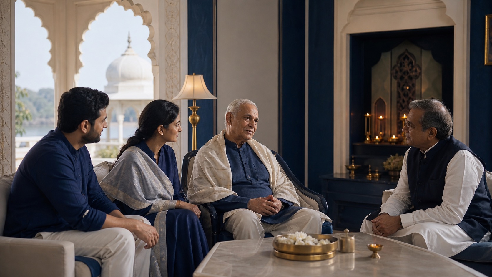 Indian family and spiritual care companion sharing a quiet conversation with an elderly father in a blue Vrindavan-inspired room