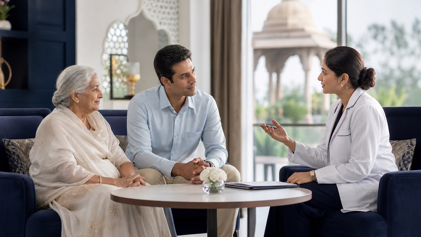 Elderly Indian parent, adult child, and palliative care doctor discussing a care plan in a blue senior living lounge