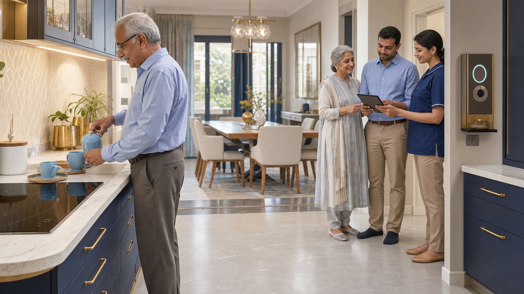 Indian older man using a senior-friendly kitchen while family and a coordinator review an emergency response plan