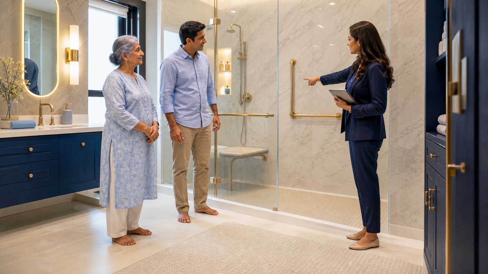 Indian senior woman and family reviewing a luxury blue accessible bathroom with grab bars and a walk-in shower