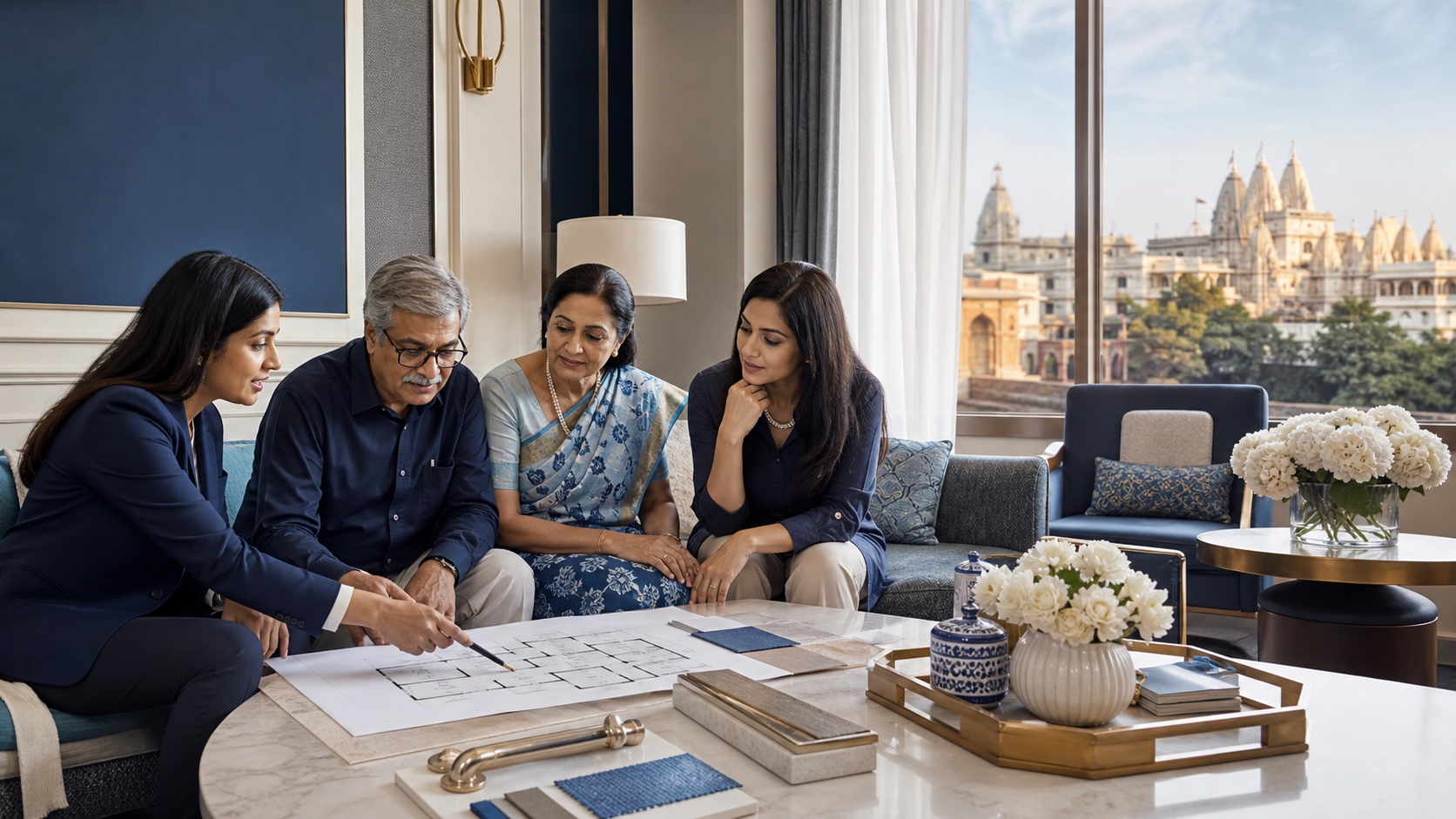 Indian senior couple, adult daughter, and designer reviewing an age-friendly apartment plan in a blue luxury lounge