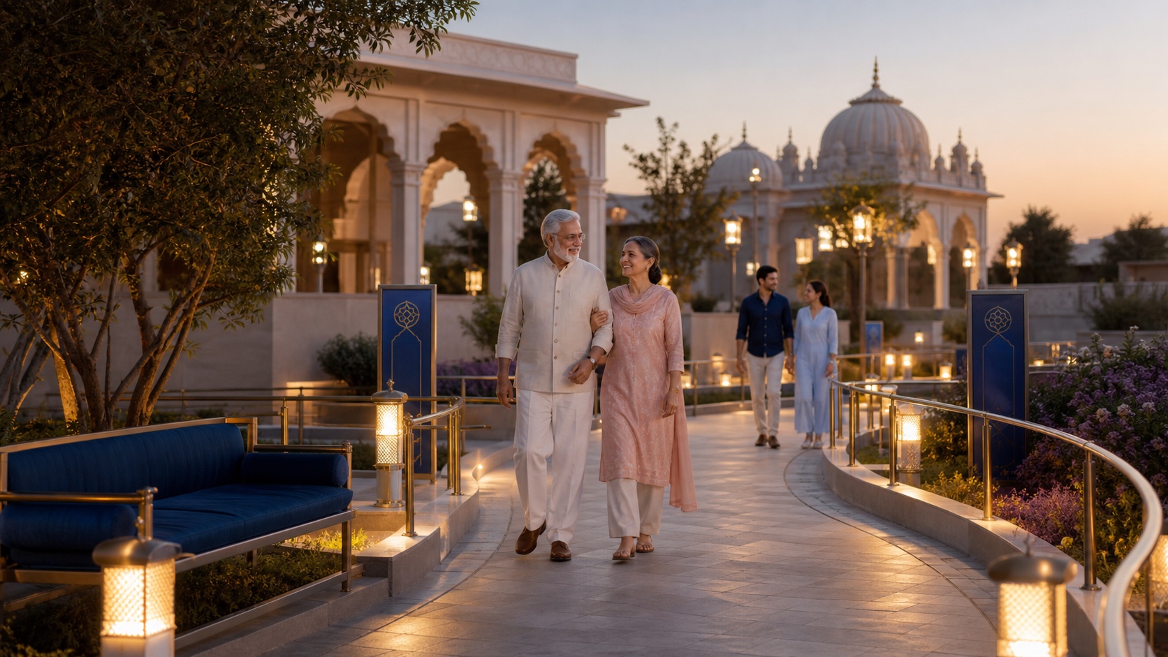 Indian senior couple walking on a blue-accented shaded pathway with benches, handrails, and warm low-glare lighting